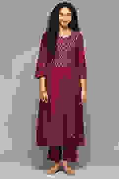 Maroon Rayon Straight Kurta Pants Suit Set image number 6