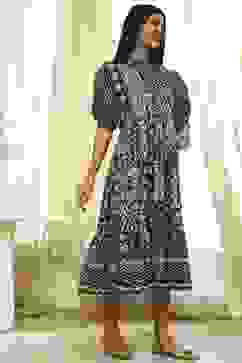 Black and Beige Cotton Printed Tiered Dress image number 4