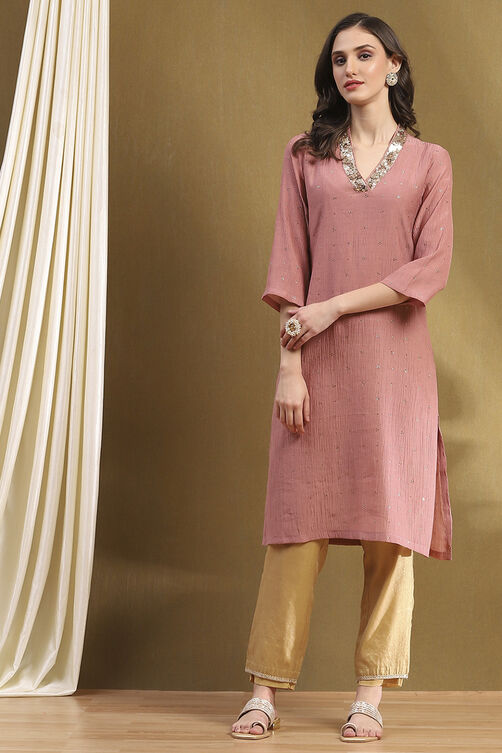 Mauve Crinkled Festive Straight Kurta image number 5