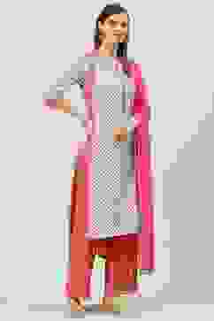 Off White Printed Cotton Straight Suit Set image number 6