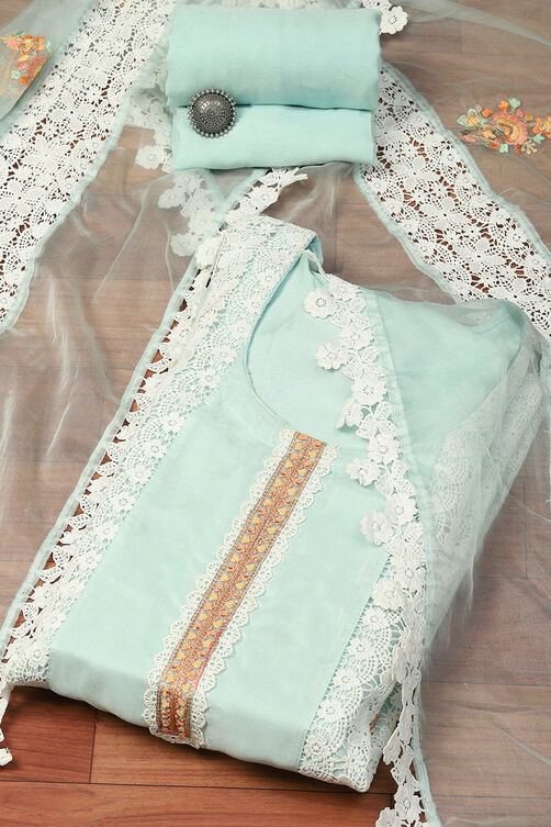 Light Blue Muslin Lace Unstitched Suit Set image number 0