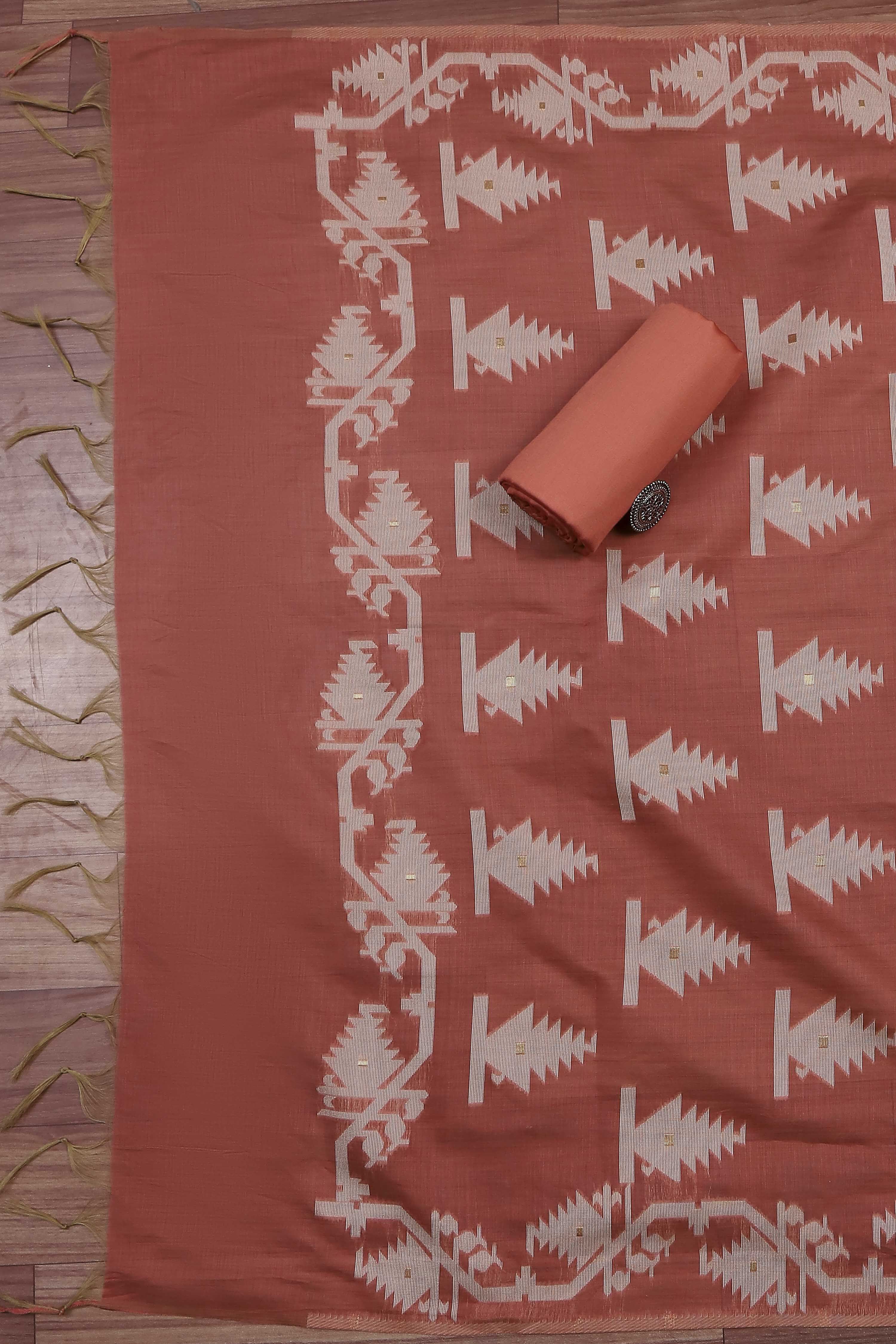 Rust Cotton Jamdani Unstitched Suit Set image number 3