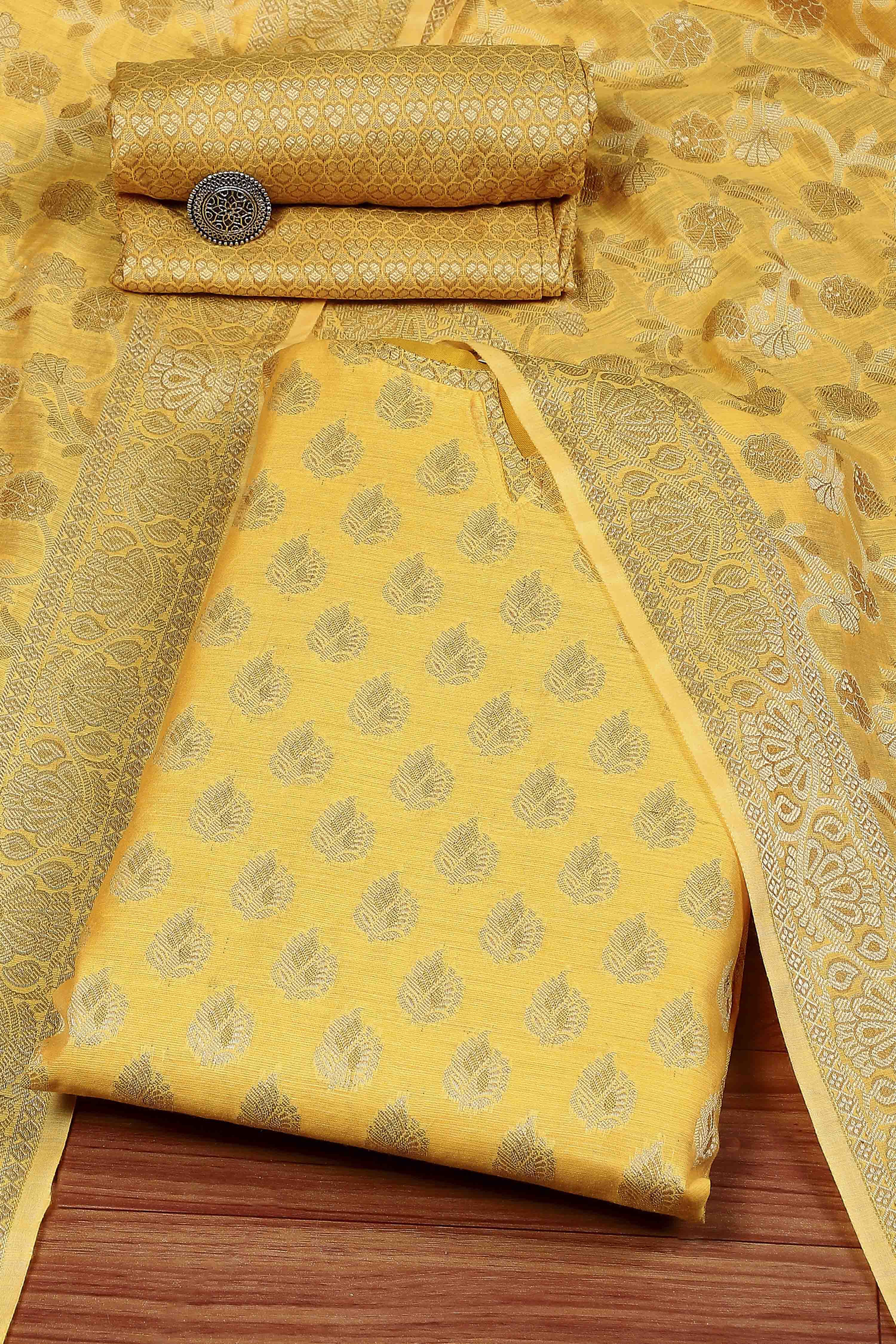 Mustard Chanderi Blend Brocade Unstitched Suit Set image number 0
