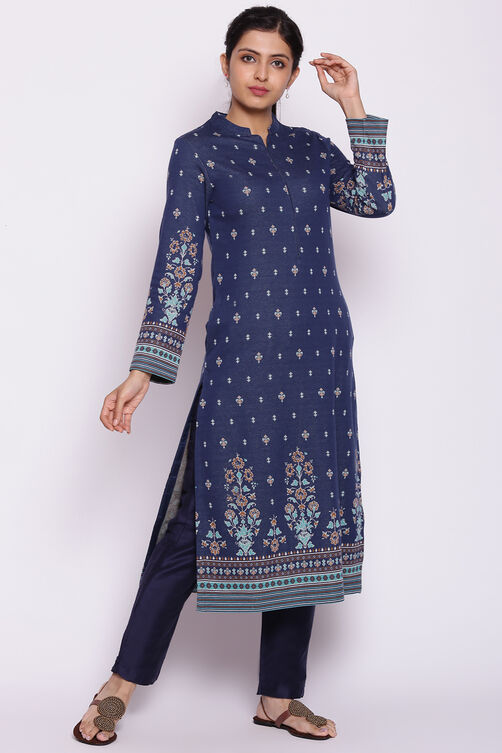 Dark Blue Winter Yarndyed Kurta image number 4