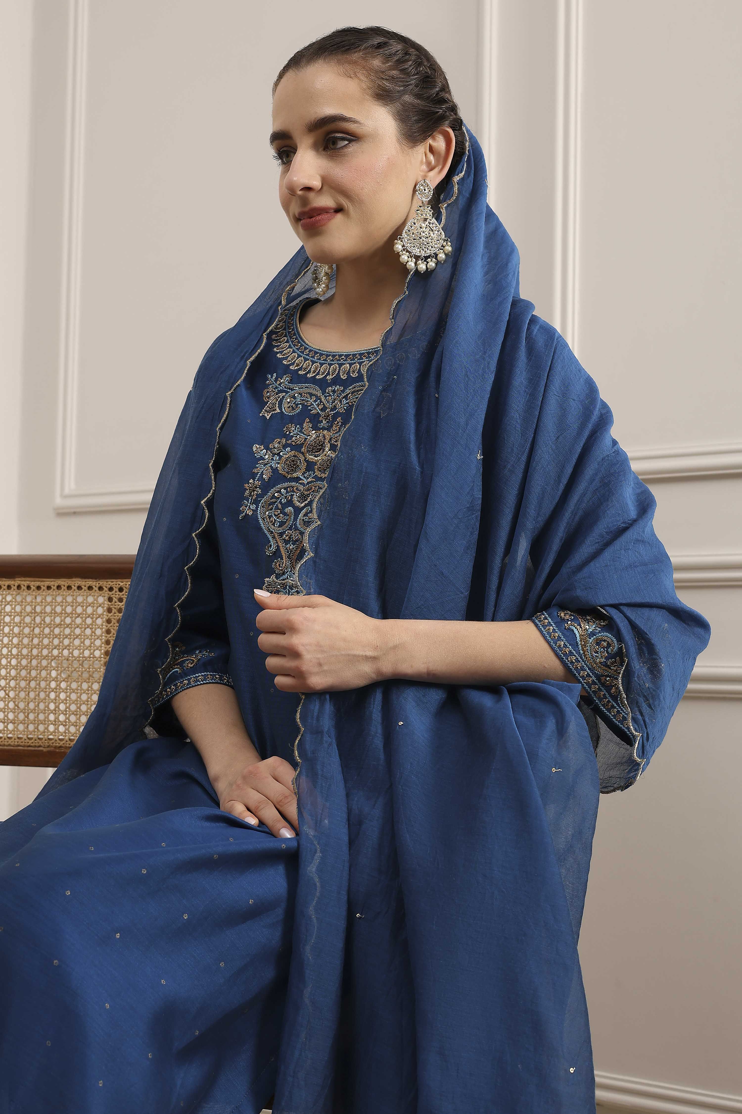 Blue Chanderi Embroidered Straight Suit Set image number 7