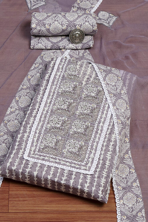 Grey Cotton Printed Unstitched Suit Set image number 0