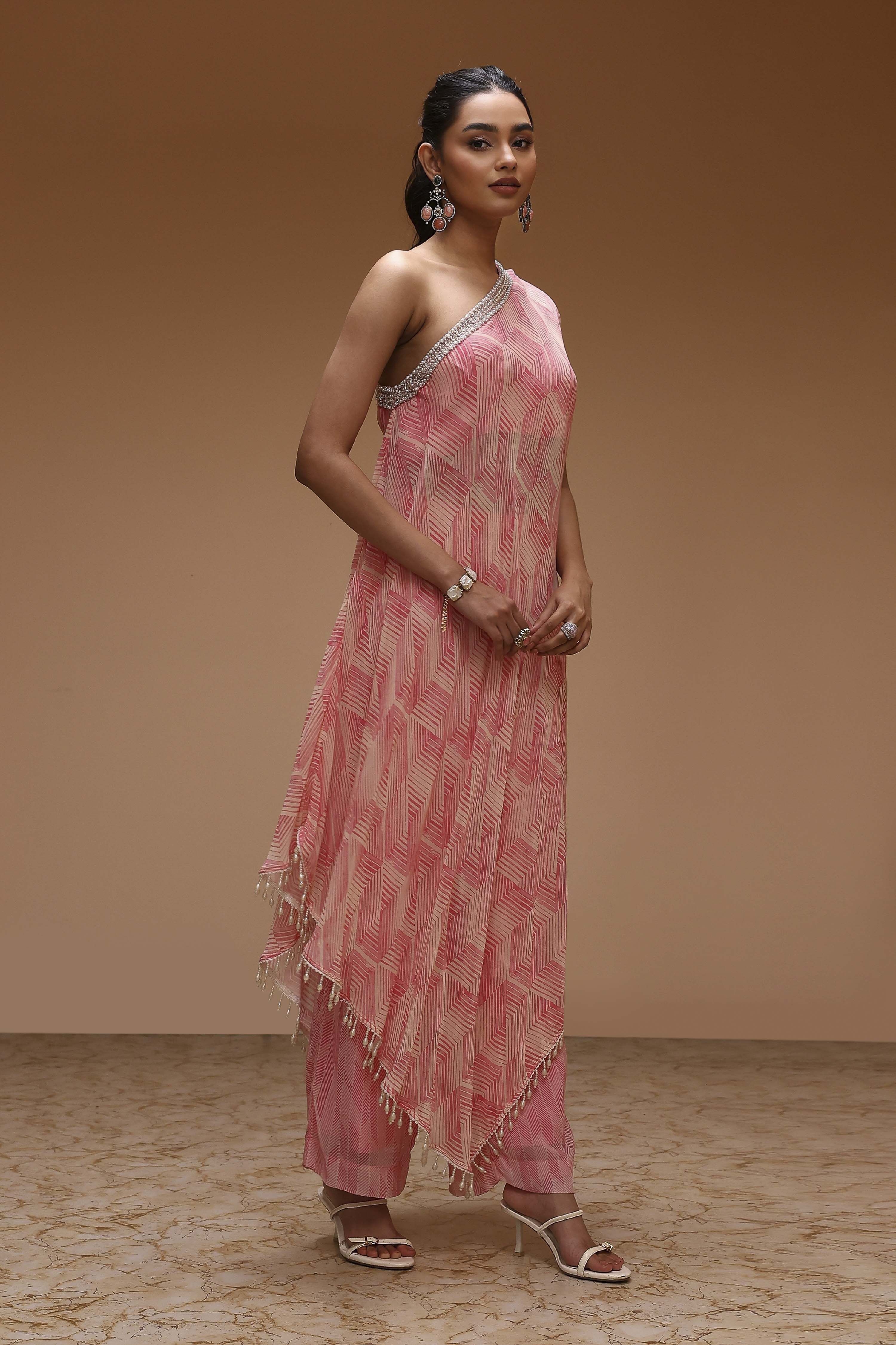 Pink Viscose Georgette Printed One-Shoulder Kurta Set image number 0