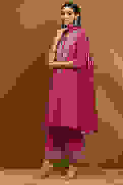 Fuchsia Embroidered Kalidar Suit Set image number 3