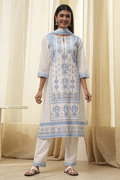 Off-White and Blue Cotton Straight Suit Set image number 6