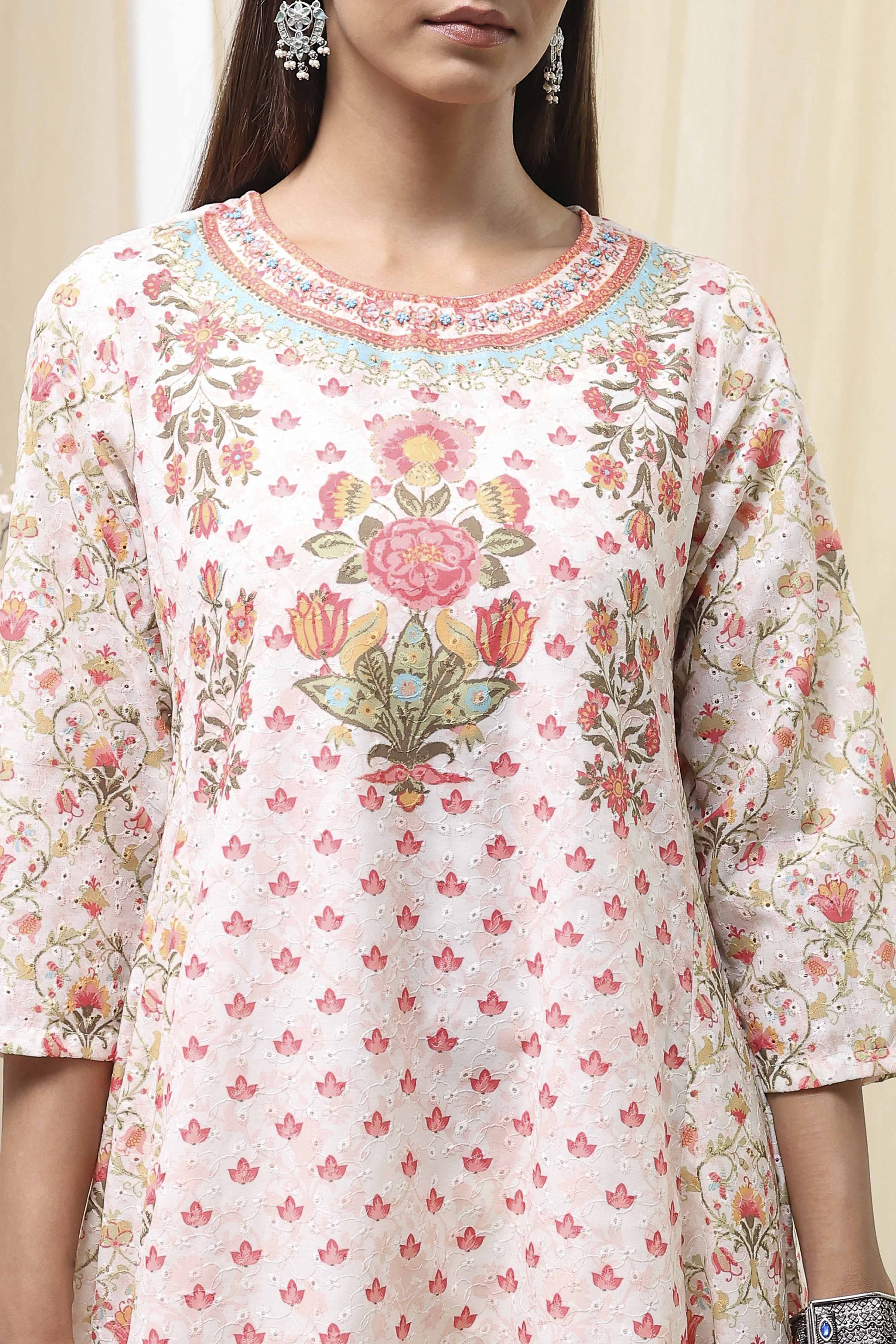 Off-White and Pink Cotton Floral Kalidar Suit Set image number 1