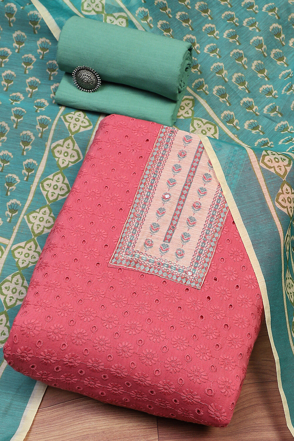 Aqua Cotton Handloom Unstitched Suit Set image number 0