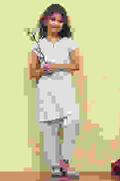 Powder Blue Cotton Straight Printed Kurta Pants Set image number 0