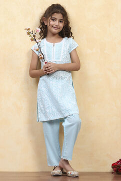 Powder Blue Cotton Straight Printed Kurta Pants Set image number 0