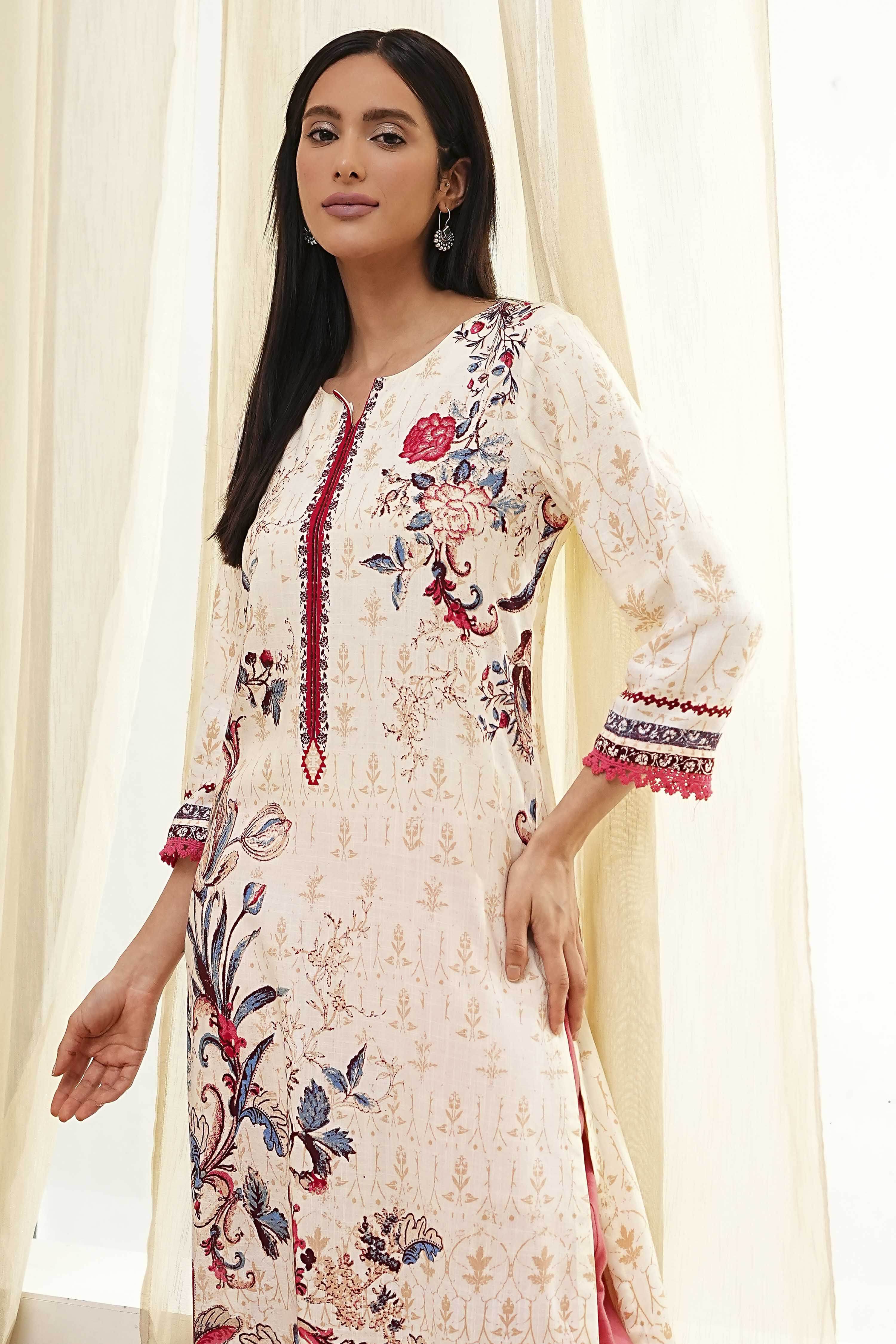 Ecru Floral Printed Straight Kurta image number 6