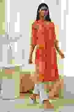 Orange Printed Pleated A-Line Kurta image number 4