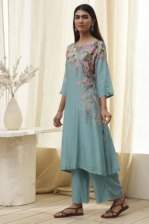 Blue Floral Straight Kurta Set image number 3