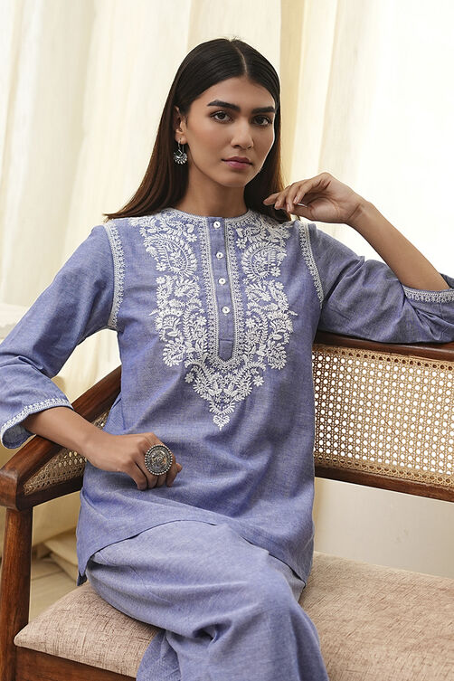 Dull Blue Cotton Straight Co-ord Set image number 7