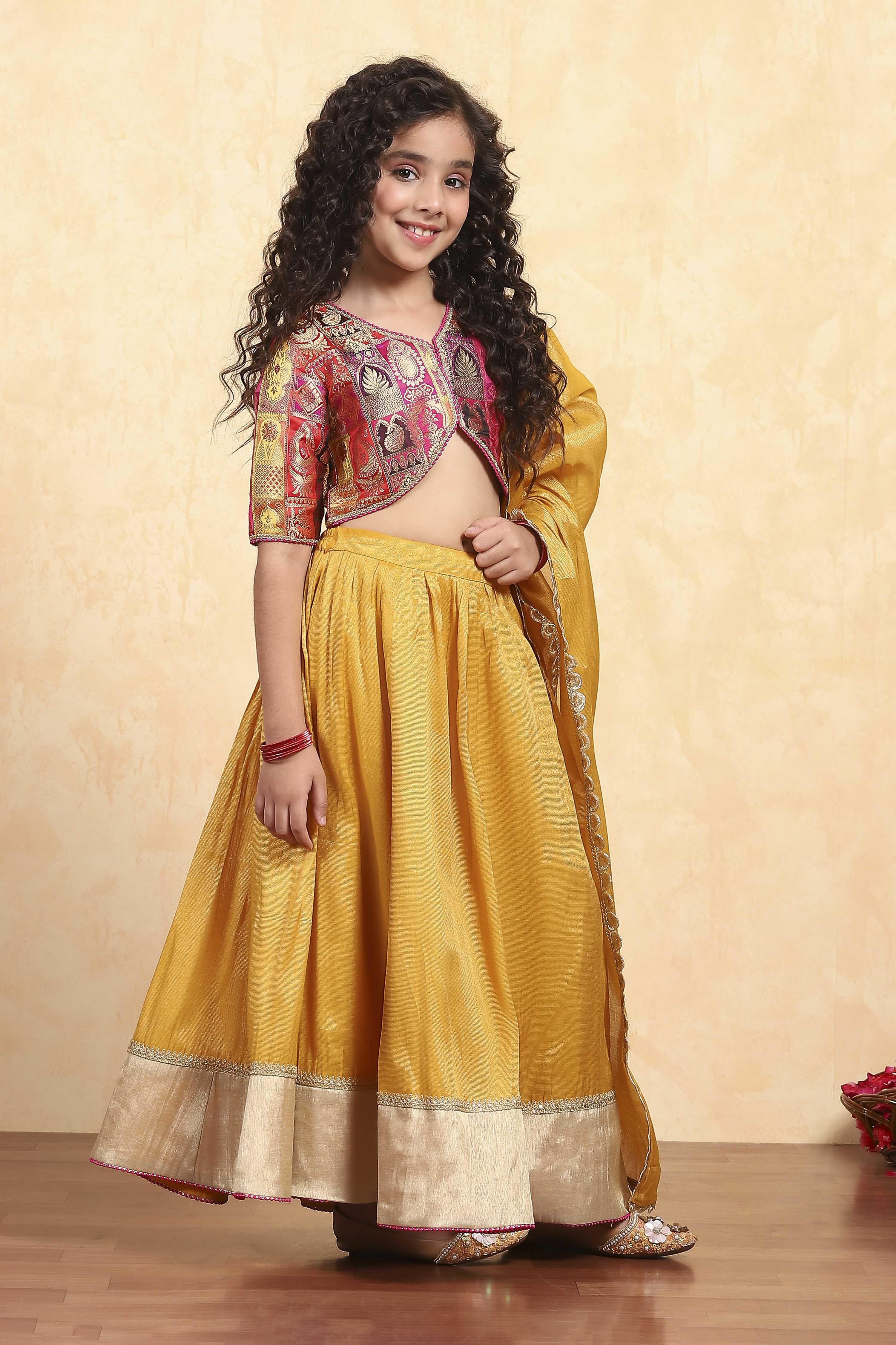 Yellow Brocade Solid Fitted Lehenga Set image number 0