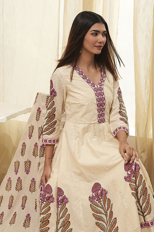 Beige Cotton Printed Anarkali Suit Set image number 7