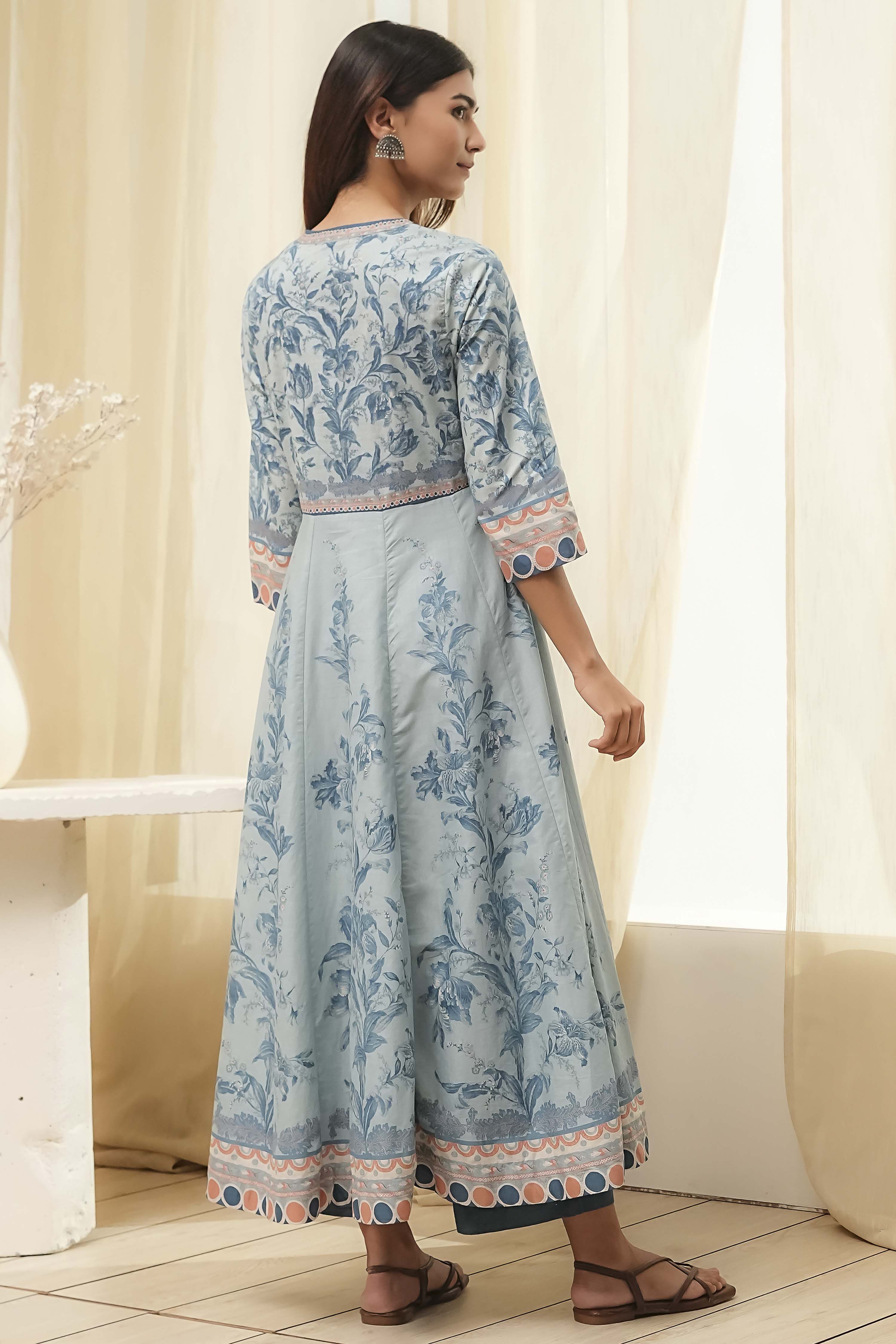Dull Blue Cotton Floral Anarkali Suit Set image number 4