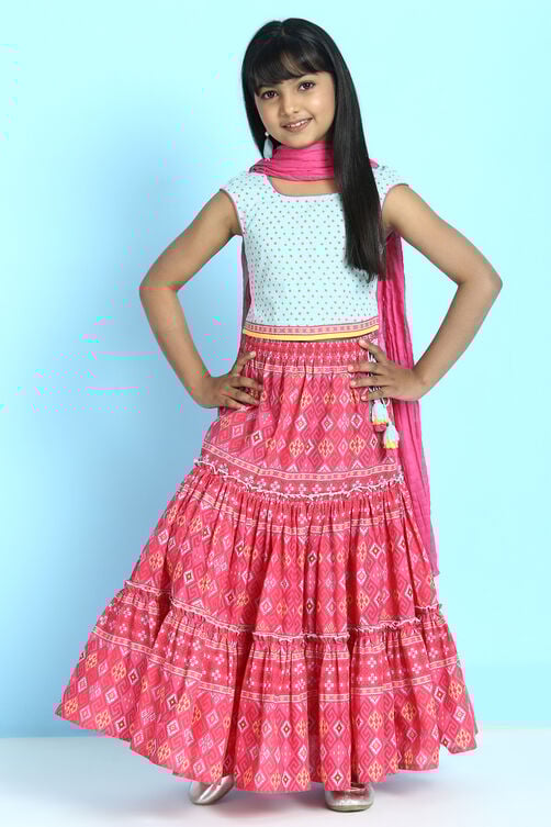 Sky Blue And Pink Cotton Straight Kurta Lehenga Suit Set image number 2