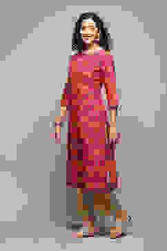 Fuchsia Cotton Straight Printed Kurta image number 2