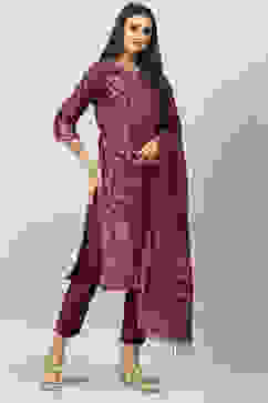 Plum Art Silk Straight Kurta Slim Pants Suit Set image number 6