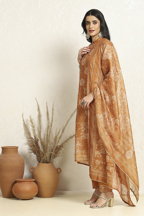Beige Chanderi Printed Unstitched Suit Set image number 4