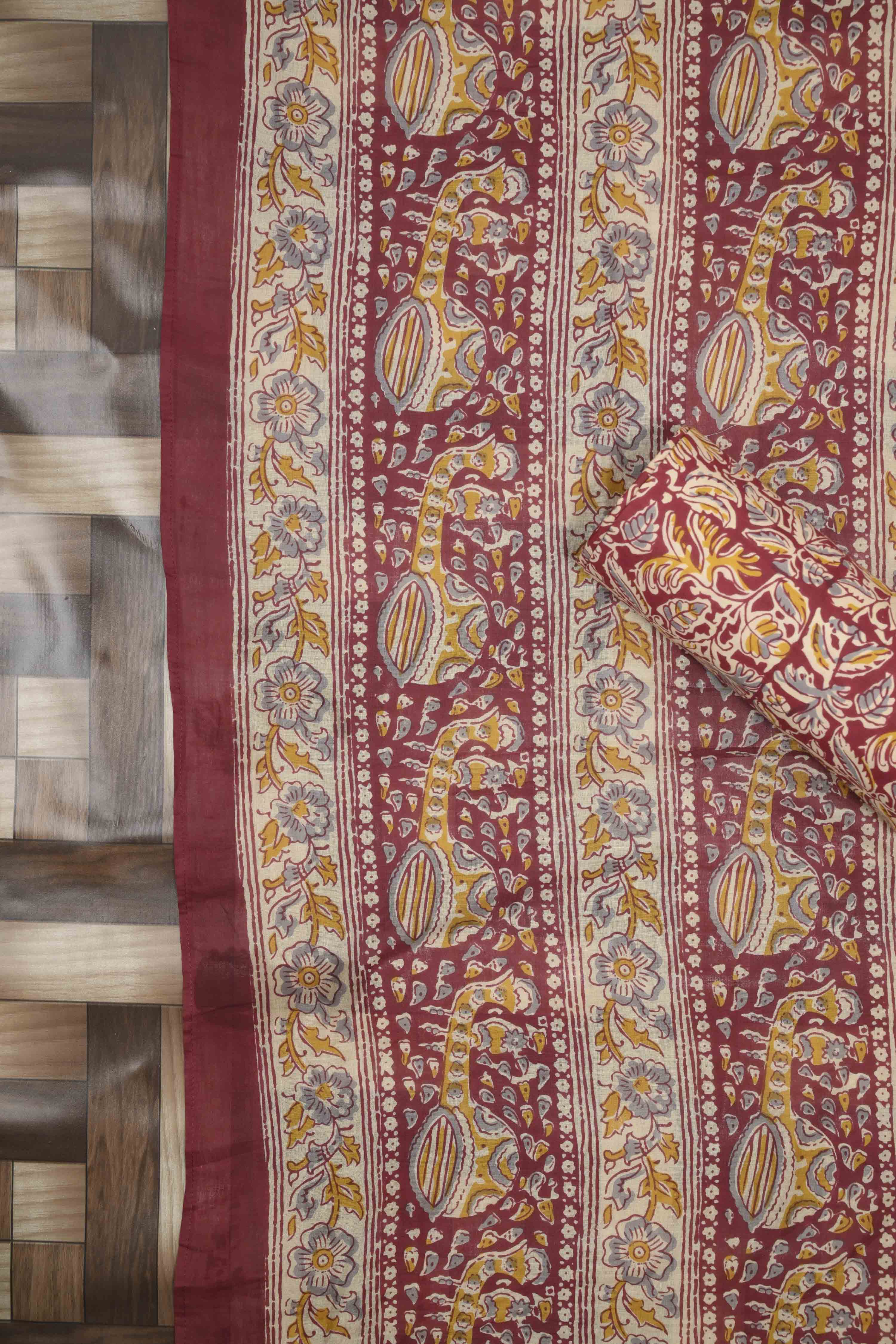 Maroon Cotton Printed Unstitched Suit Set image number 3