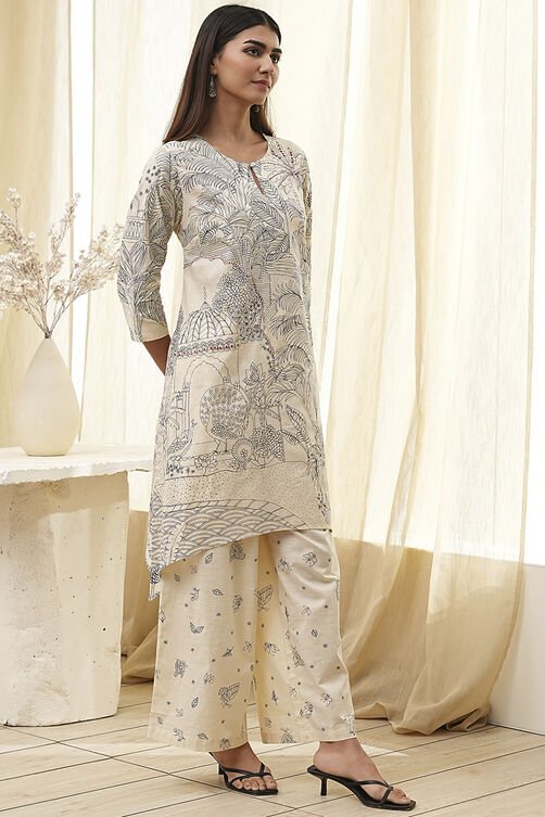 Off-White Cotton Straight Printed Kurta Set image number 5