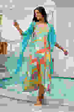 Teal Green Printed A-Line Dress with Shrug image number 0