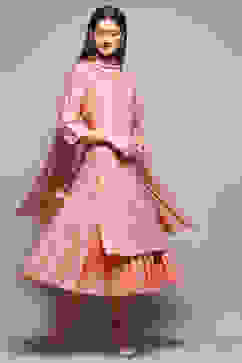 Peach Cotton Blend Layered Kurta Churidar Suit Set image number 0