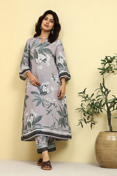 Grey Floral Printed Shantoon Kurta Pants Set image number 0