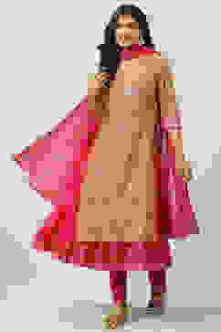 Fuschia Cotton Layered Kurta Churidar Suit Set image number 0