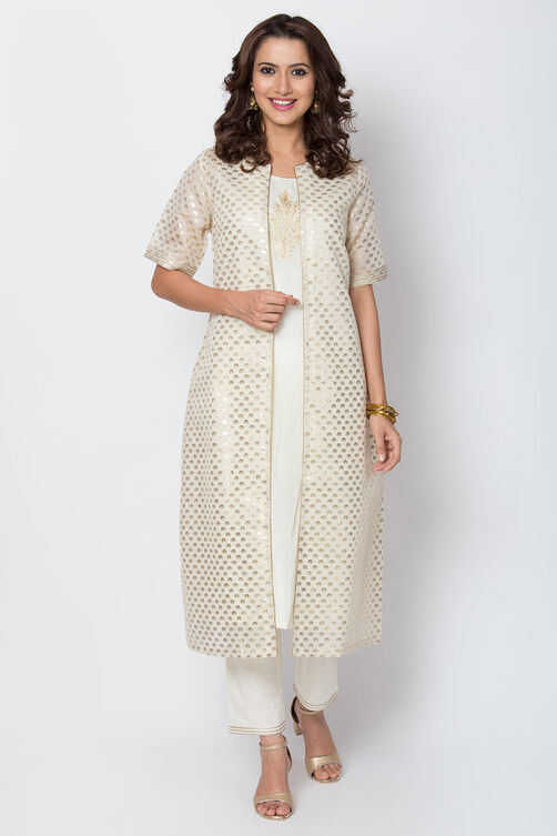 Cream Poly Cotton Front Open Kurta Pant Suit Set image number 0