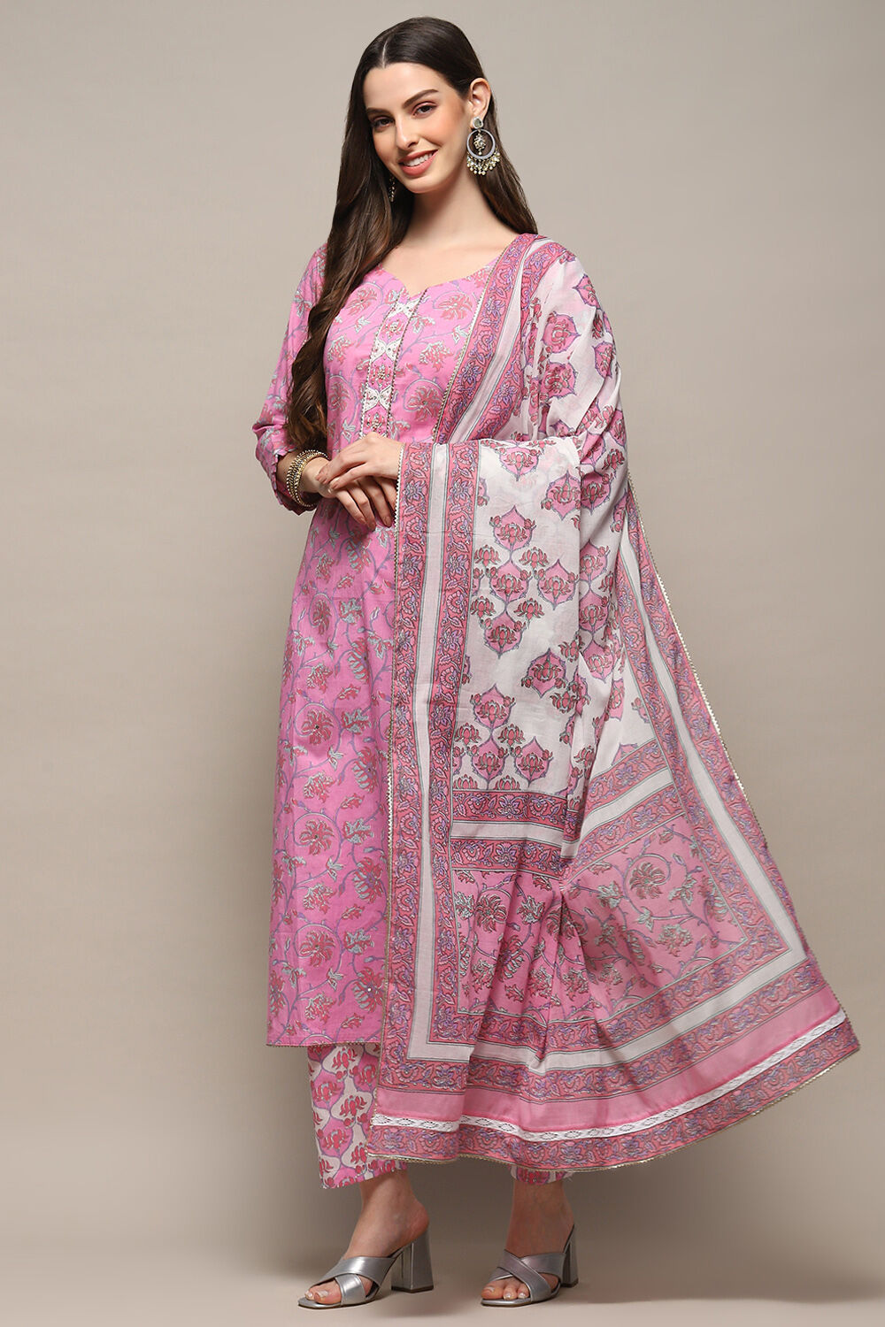 Pink Cotton Unstitched Suit set image number 1