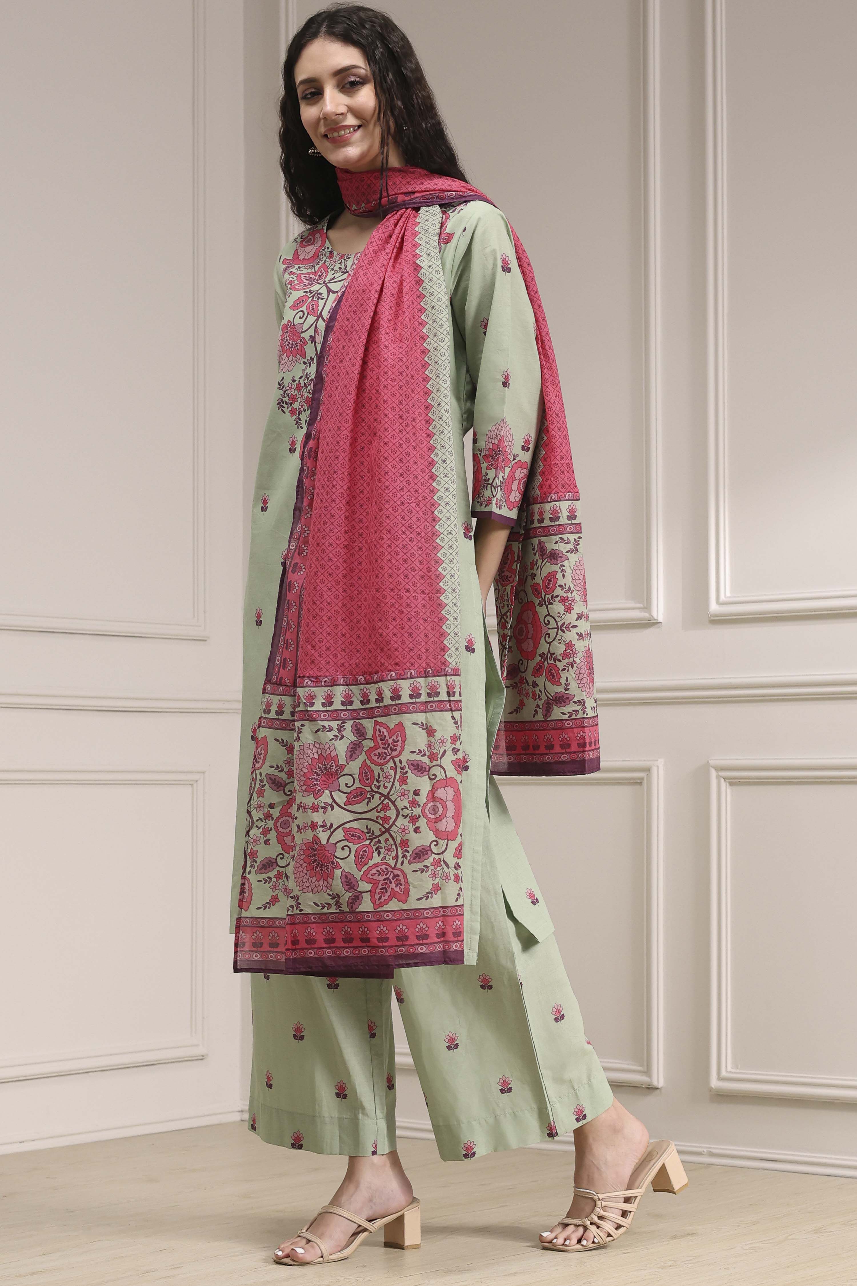 Sage Green Cotton Printed Straight Suit Set image number 3