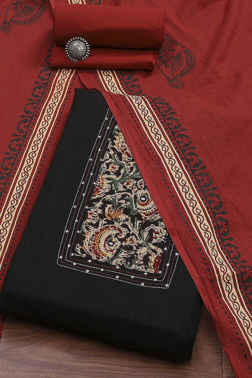 Red Cotton Hand Block Print Unstitched Suit Set image number 0