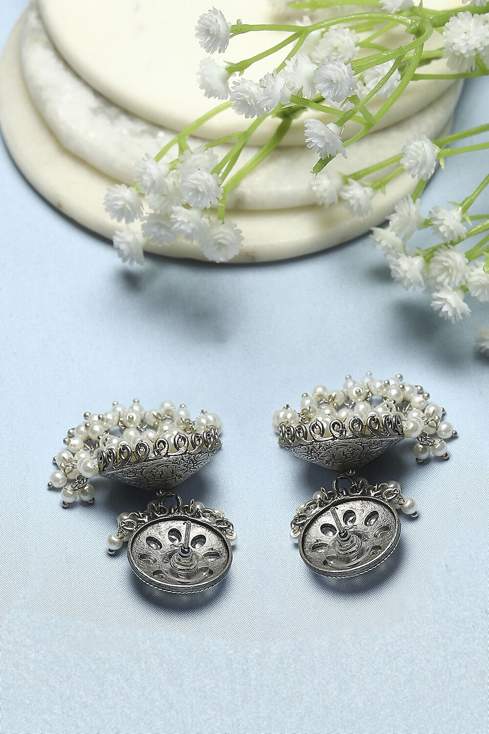 Pink Oxidised Stone Studded Dome Shaped Jhumkas image number 2