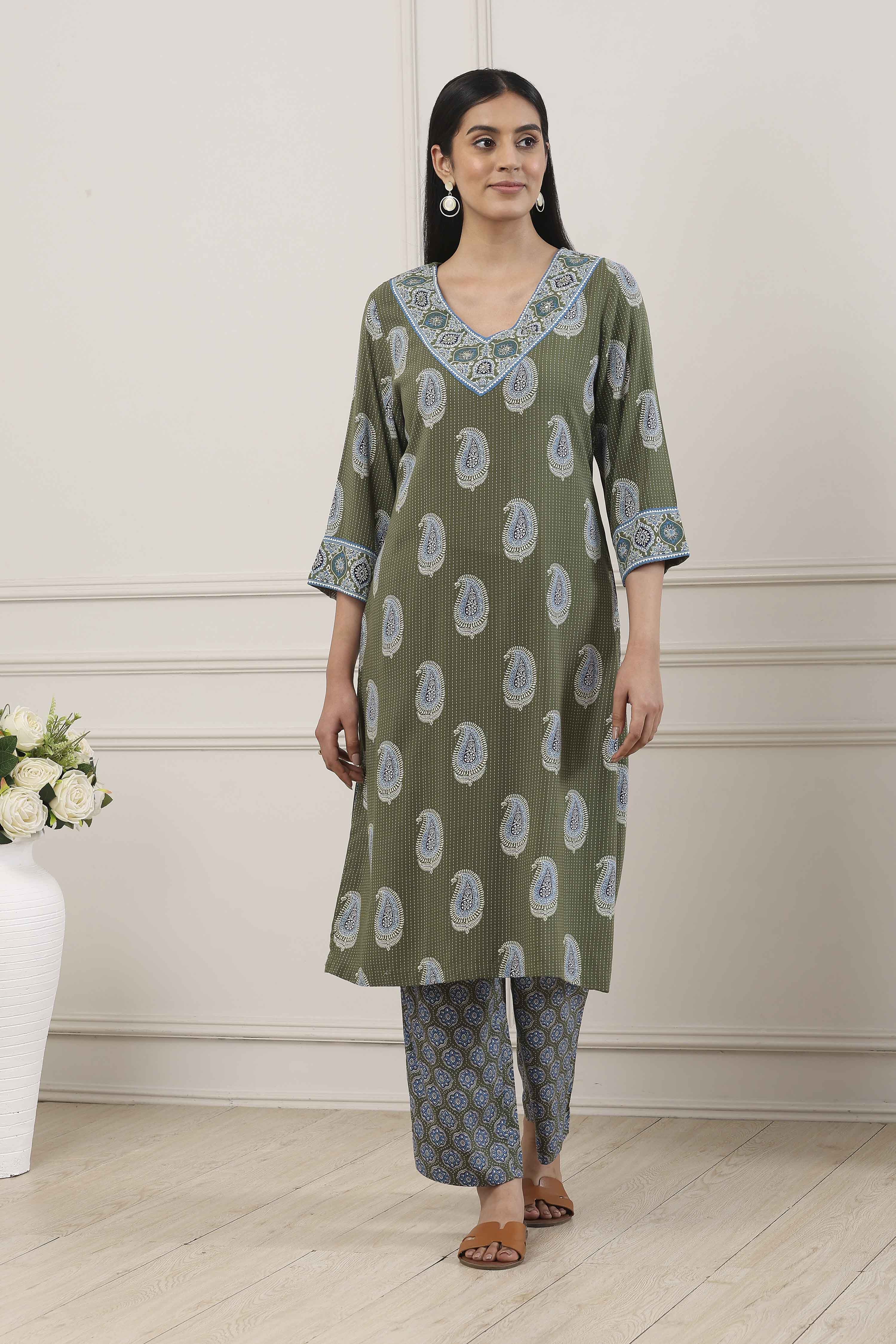Green Viscose Rayon Straight Kurta Palazzo Set image number 6