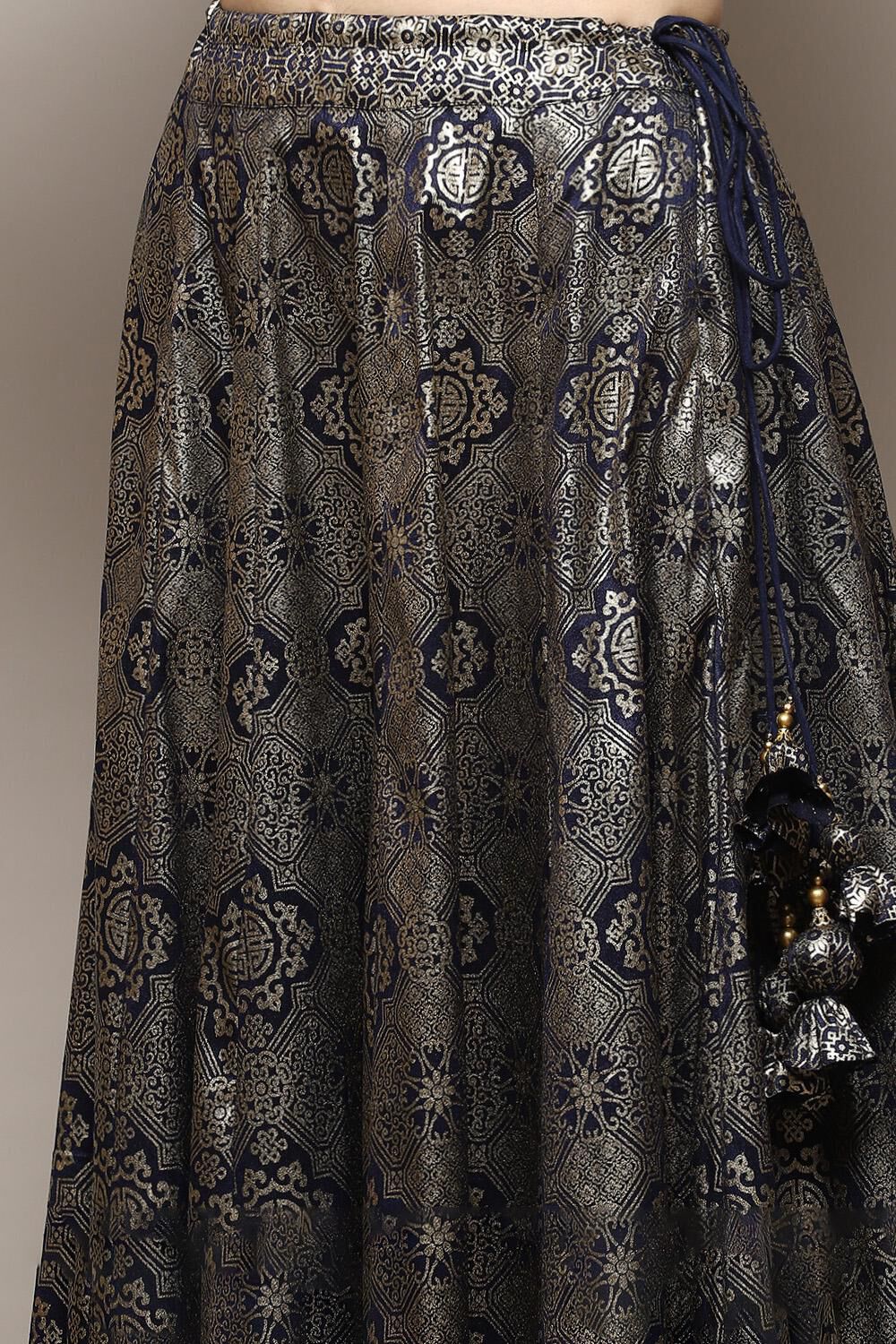 Navy Blue Polyester Straight Kurta Lehenga Set image number 2