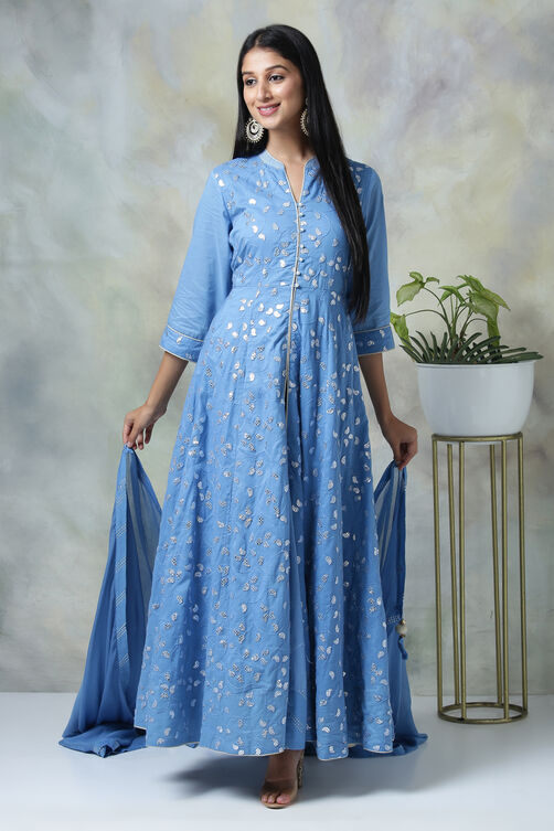 Blue Cotton Anarkali Kurta Skirt Suit Set image number 0