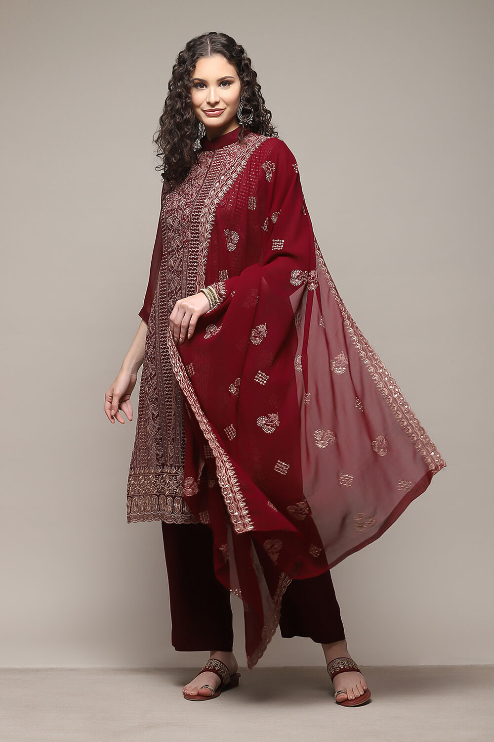 Wine Georgette Hand Embroidered Unstitched Suit Set image number 8