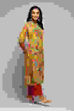 Yellow LIVA Straight Printed Kurta image number 3