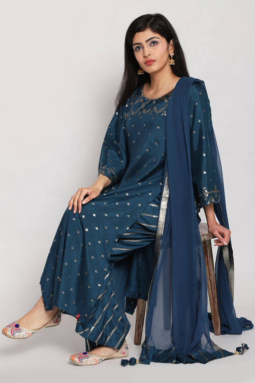Peacock Blue Viscose Straight Kurta Palazzo Suit Set image number 0