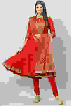 Red Art Silk Layered Kurta Churidar Suit Set image number 8