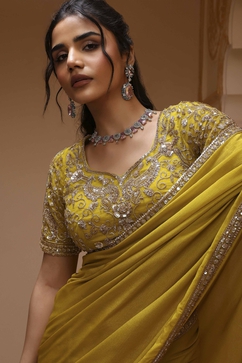 Lime Yellow Poly Chinnon Embroidered Pre-Draped Saree image number 1