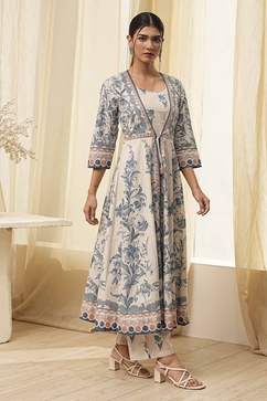 Beige and Blue Printed Front Open Kurta Set image number 5