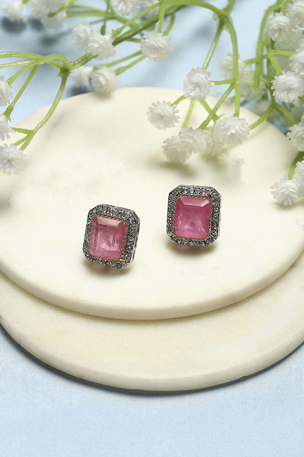 Light Pink Silver-Plated CZ Studded Contemporary Studs image number 0