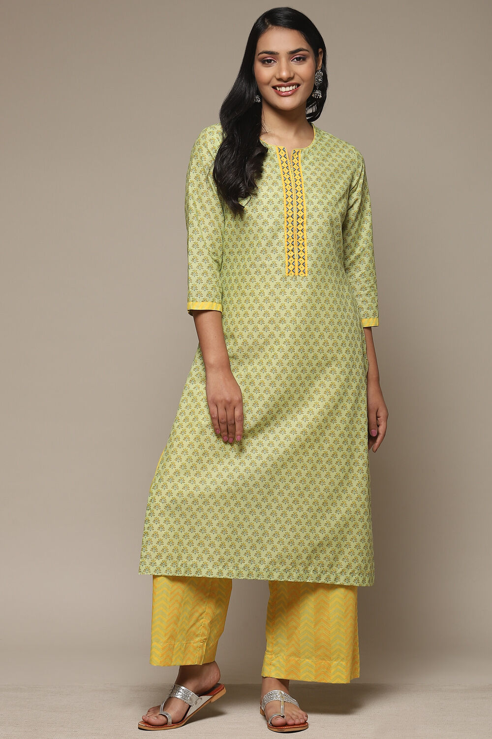 Off White Cotton Straight Kurta Palazzo Suit Set image number 5